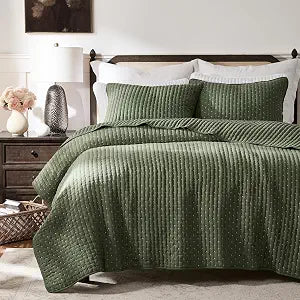 Olive Green Cross Stitch King Quilt Set, Striped Lightweight Soft Bedspread, Channel Farmhouse Rustic Coverlet, All