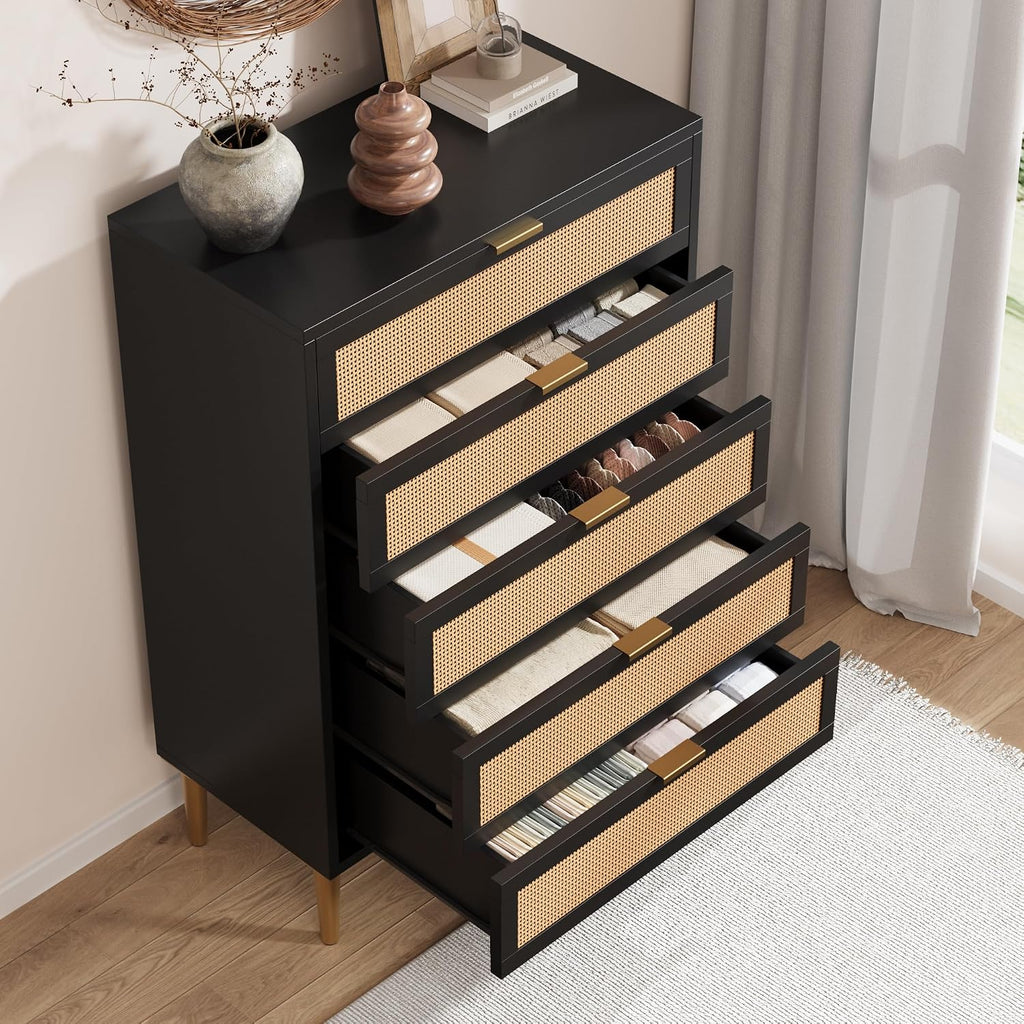44'' Tall Rattan 5 Drawer Dresser, Narrow Wooden Vertical Dresser with Metal Legs and Handles, Modern Chest of