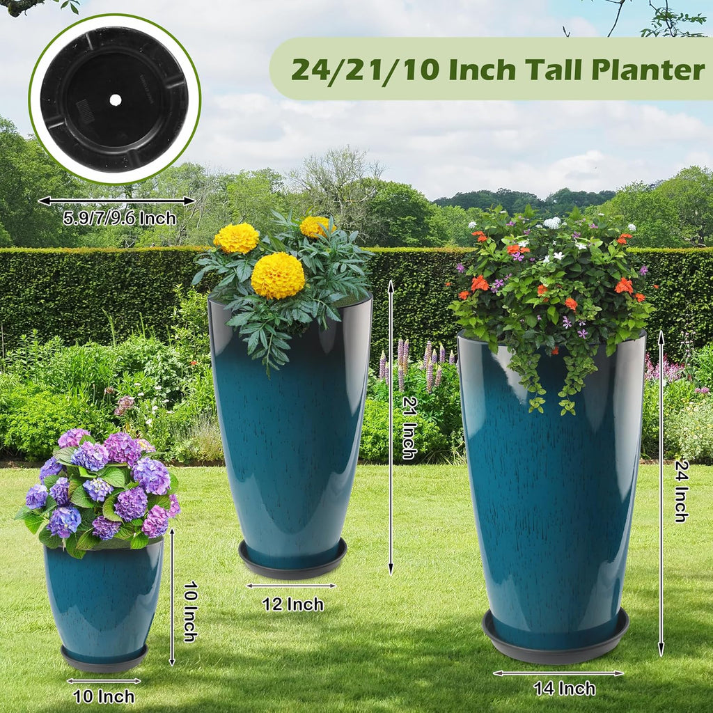 24-21-11 Inch Tall Planters for Outdoor Plants Set of 3 Blue | Tall Planters Blue Glossy Round Planter with Drainage