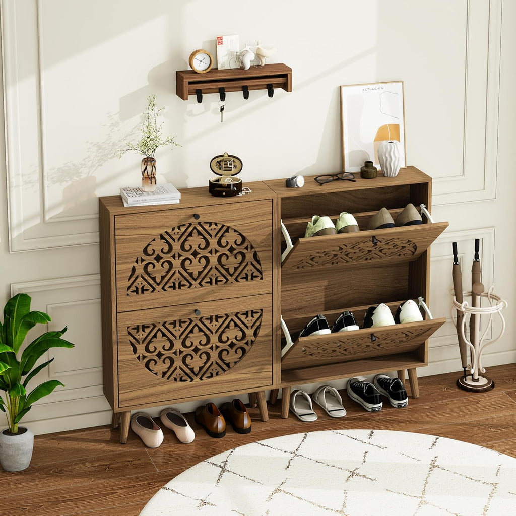 23.6" W Slim Shoe Cabinet with 2 Flip Drawers, Carved Floral Shoe Rack, Mid-Century Modern Free-Standing Heart-Shaped