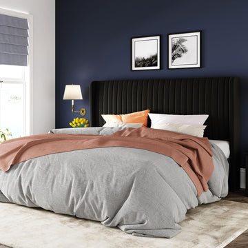 King Velvet Bed Frame/Vertical Channel Tufted Wingback Headboard/Upholstered Platform Bed/Strong Wooden Slats/No Box