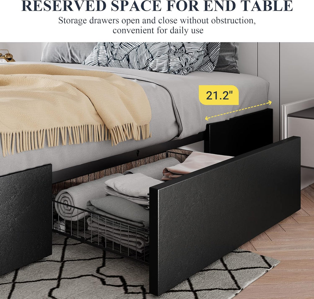 Full Platform Bed Frame with 3 Storage Drawers, Faux Leather Upholstered, Wooden Slats Support, No Box Spring Needed