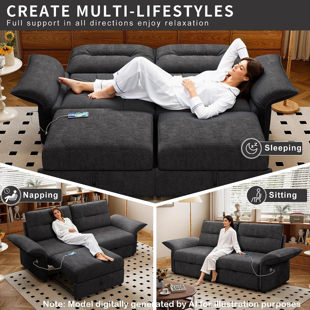 85'' Full Size Sleeper Sofa, Flannel Pull Out Couches, Flannel Dark Grey | 3 in 1 Convertible Sofa, Assembly for