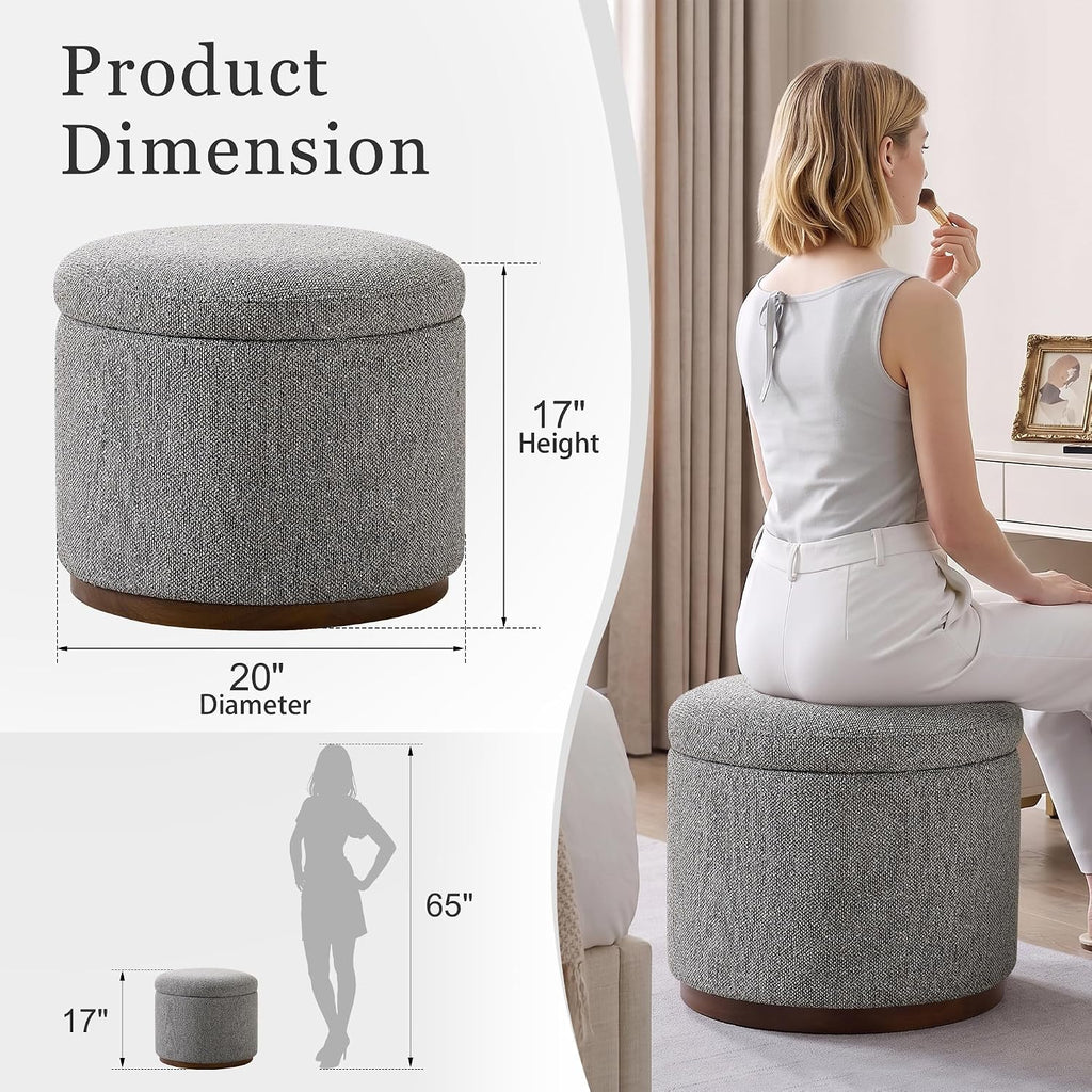 Round Storage Ottoman, 20" Boucle Ottoman Foot Rest Stool(Light Grey) | Hidden Storage Accent Ottoman , Solid Wood