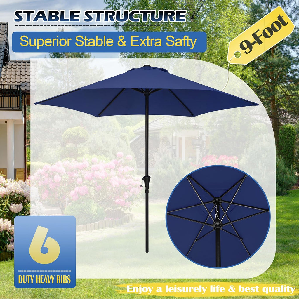 9FT Outdoor Patio Umbrella, Market & Table Umbrella with 6 Sturdy Ribs and Crank System, Fade-resistant & Waterproof