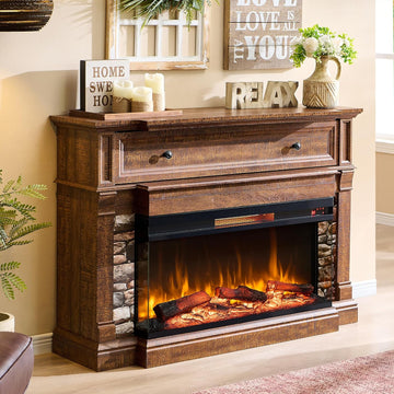 52" Electric Fireplace with Mantel, Freestanding Fireplace Heater TV Stand with 36" 3-Side Glass Insert for TVs Up