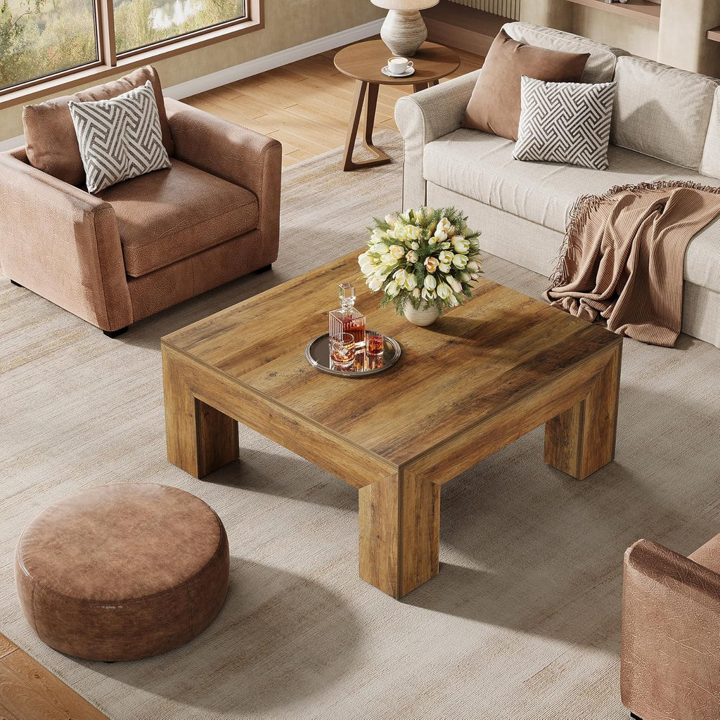 39.4-Inch Square Coffee Table, Farmhouse All MDF Accent Center Cocktail Table with Sturdy Wooden Legs, Easy Assembly