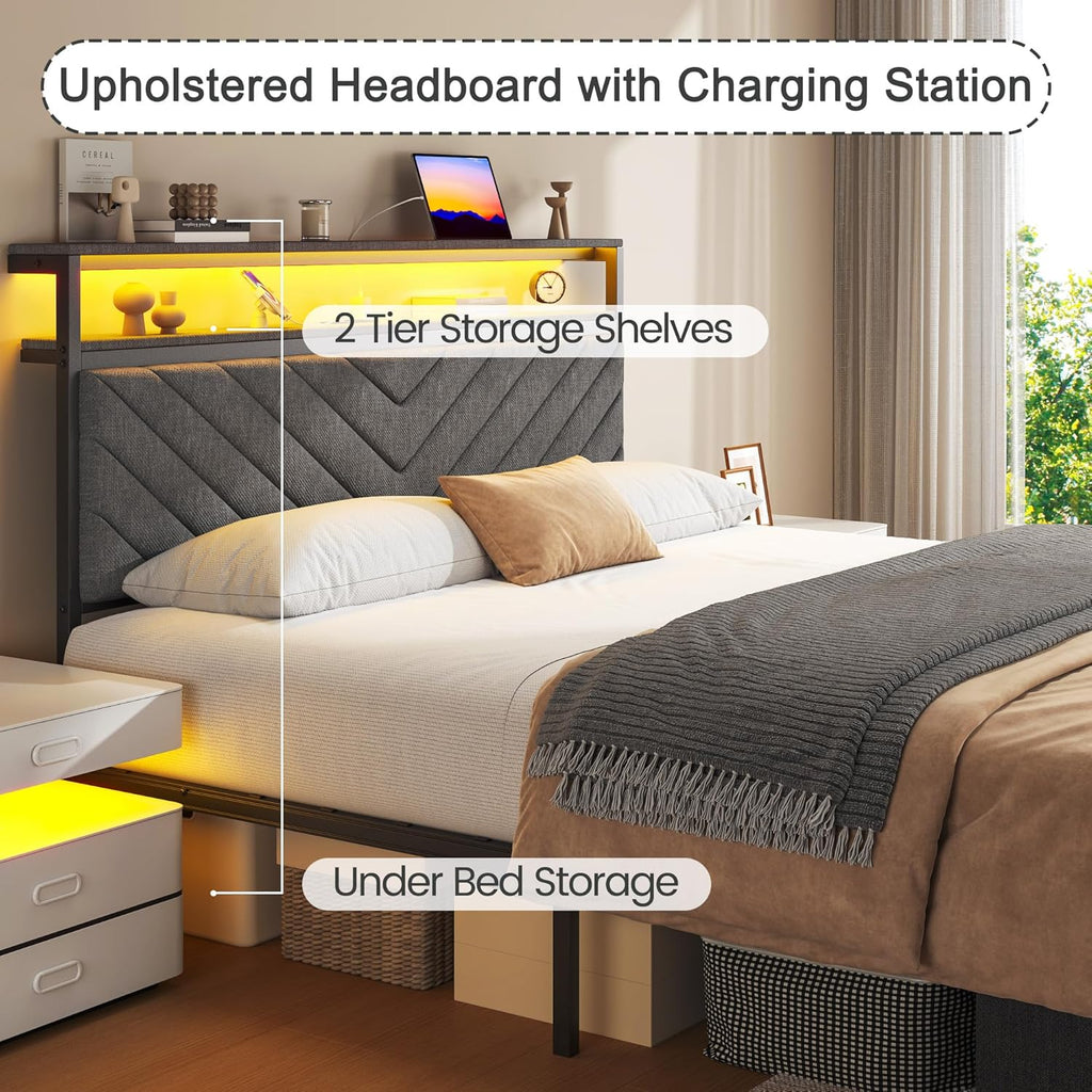 Queen Bed Frame with 2 Drawers, Upholstered Headboard with Storage and Charging Station, LED Lights