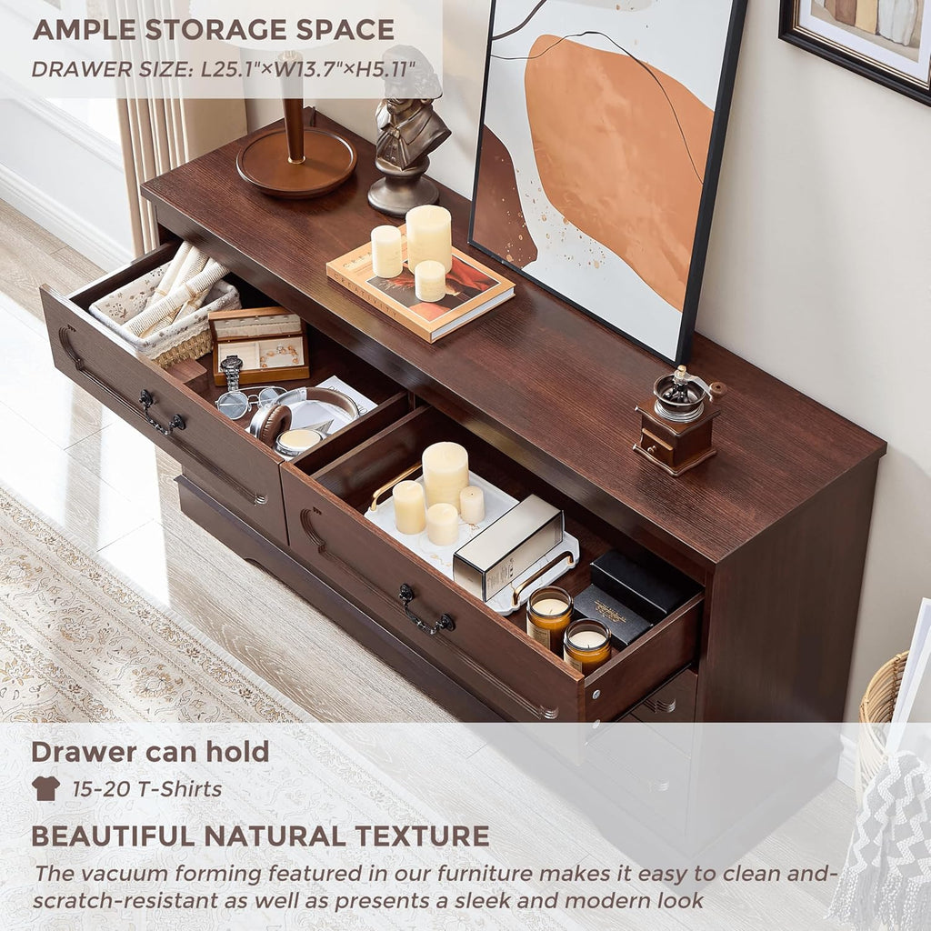 6 Drawer Dresser Cherry Bedroom Dresser 47.2" Wide Wood Cabinet | Farmhouse Wood Chest of Drawers , Modern Rustic