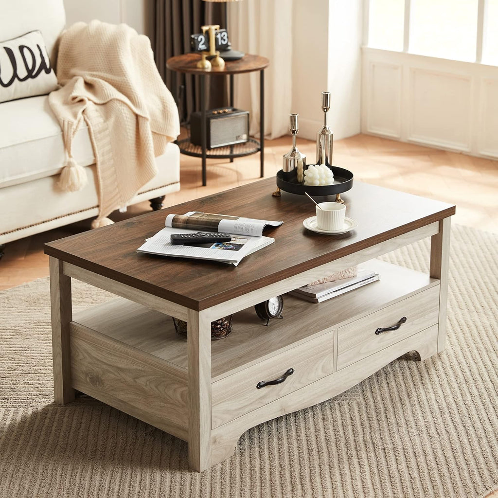 Farmhouse Coffee Table with Storage, Wood Coffee Table, Open Display Area and Storage Drawers with Metal Handles