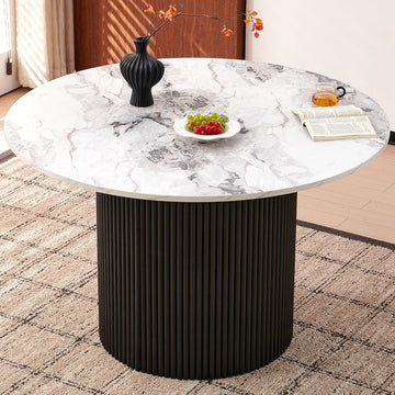 Modern Round Pedestal Dining Table for 4-6, 47" Kitchen Table with White Marble Grain Tabletop Engineered Wood Base