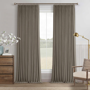 Dark Taupe Blackout Pinch Pleated Curtains 2 Panel Set for Living Room Darkening Thick Linen Textured 100%