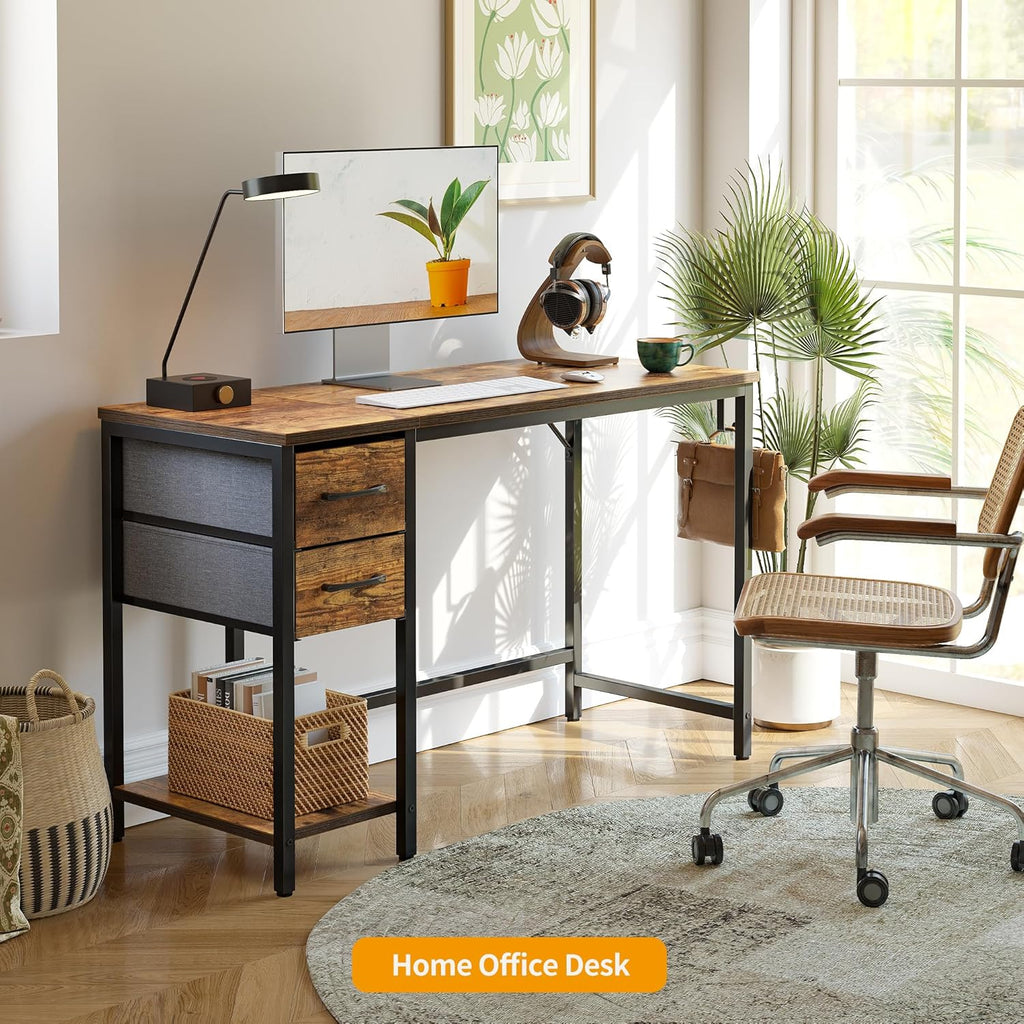 Computer Desk with 2 Drawers, 40 Inch Small Home Office Desk with Storage Study Writing Table, Light Brown