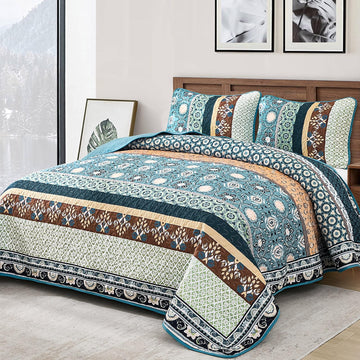 Blue Boho Quilt Set, Fall Patchwork Bedspreads