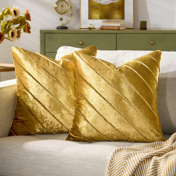 Decorative Gold Velvet Stripe Throw Pillow Covers 20x20 Set of 2