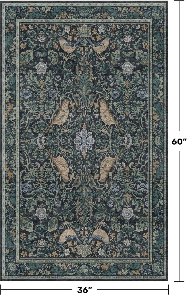 Vintage Large Entryway Rugs Indoor, 3x5 Washable Blue and Green Floral Rugs Floor, Bedroom Beside Bed, Non-Slip & Low