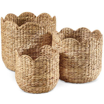 3pc Water Hyacinth Scalloped Multipurpose Nesting Baskets, Storage Bin Organization Totes, Laundry Room - Natural