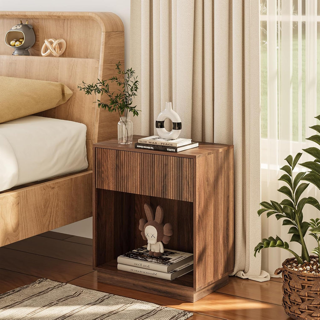 Fluted Nightstands Set of 2, Modern Bedside Table with Storage Drawer and Open Wood Shelf, Wood End Table Mid Century