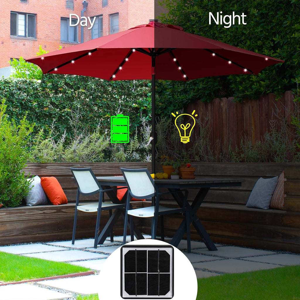 9FT Solar Powered Patio Umbrella - UV Protection Market Table Umbrella w/ 32 LED Lights & Push Button Tilt & Crank Lift