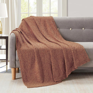 Chenille Throw Blanket, Soft Warm Cozy Blanket for All Season（50" x 60", Coral）