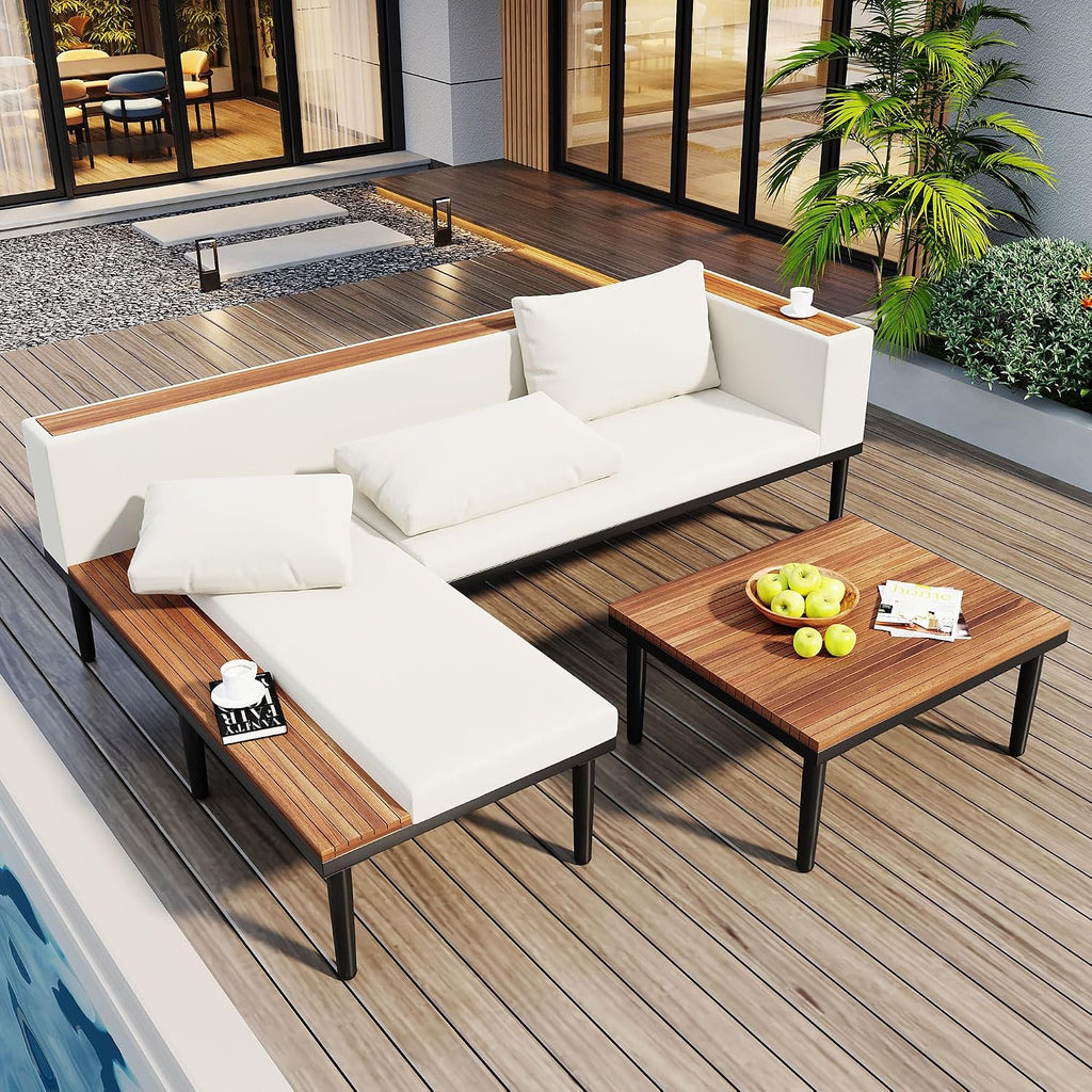 Acacia Wood Outdoor Sectional Sofa Set - Luxury L-Shaped Patio Furniture with Removable Cushions, Coffee Table & Side
