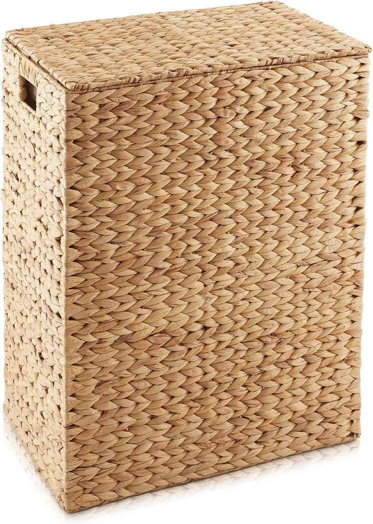 Large Laundry Hamper with Lid and Removable Liner Bag - Natural, Woven Water Hyacinth Rectangular Laundry Basket
