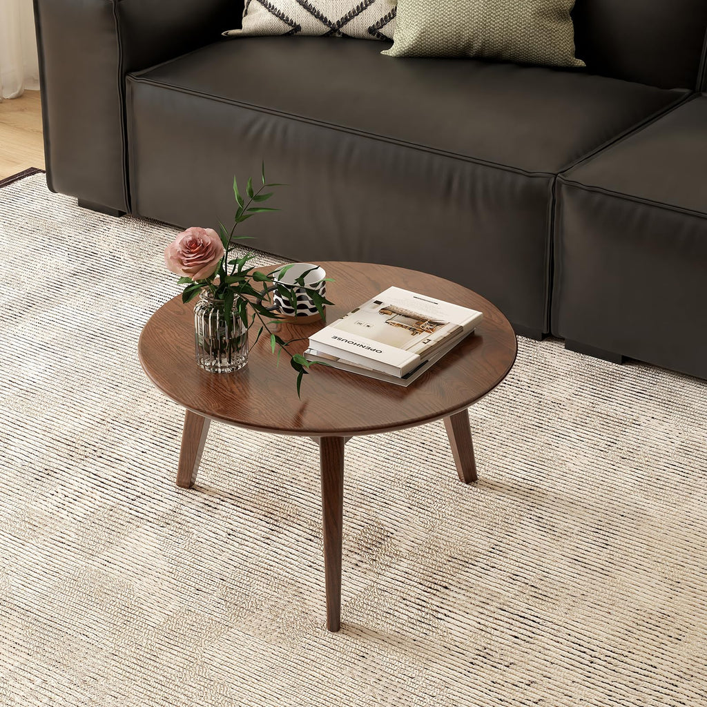 100% Solid Oak Wood Mini Coffee Table, Round Cofffe Tables Side Table w/Solid Wood Legs, Walnut Mid Century Table