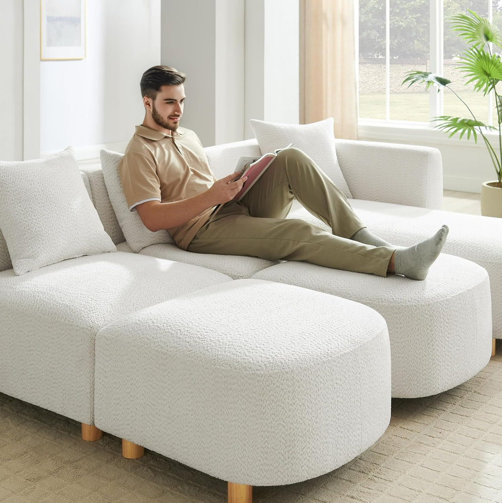 109.84" Modular Sectional Sofa with 3 Pillows, Convertible 5-Seater Comfy Boucle Cloud Couch with Ottoman