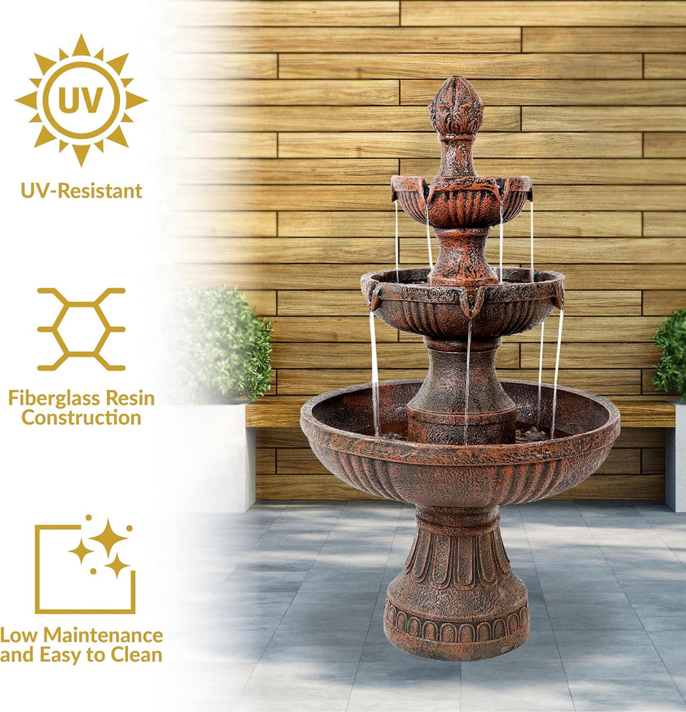 Flower Blossom 43" Tiered Outdoor Water Fountain - 3-Tiered Outdoor Fountain - Earth Finish