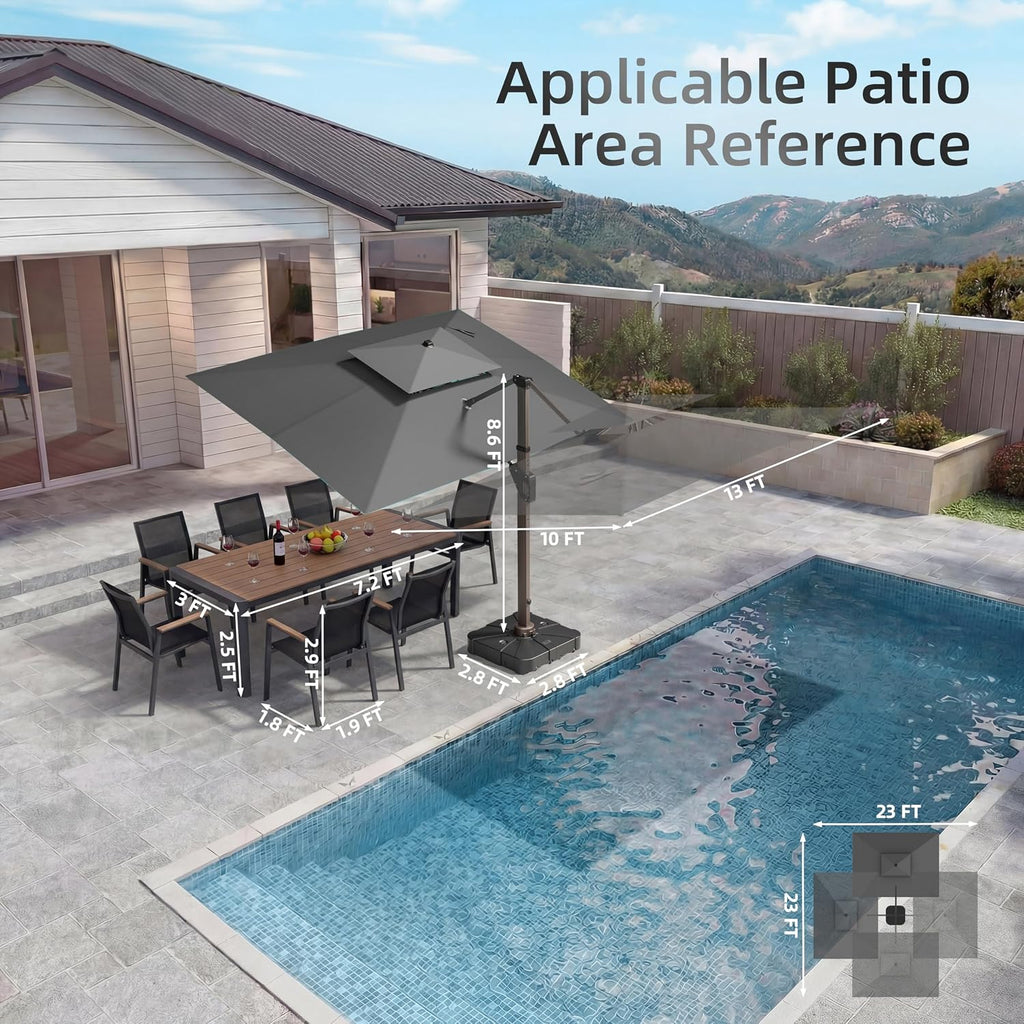 10 X 13 FT Cantilever Patio Umbrella with Base Included & Led Lights Outdoor Rectangle Offset Large Double Top Heavy - G