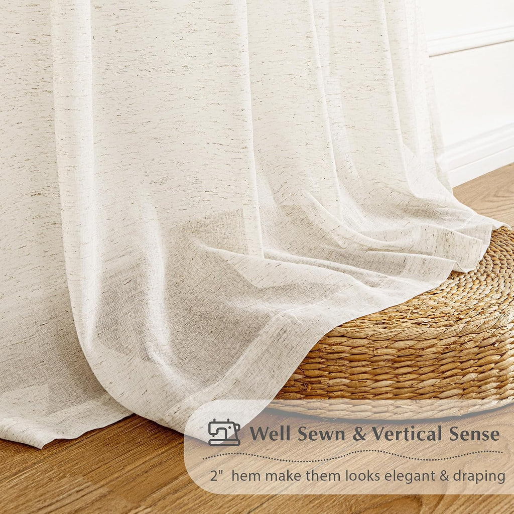Linen Sheer Pinch Pleated Curtains, Linen Flax Beige 96 Inches Long Sheer Curtain Panels, Natural Back Tab Window