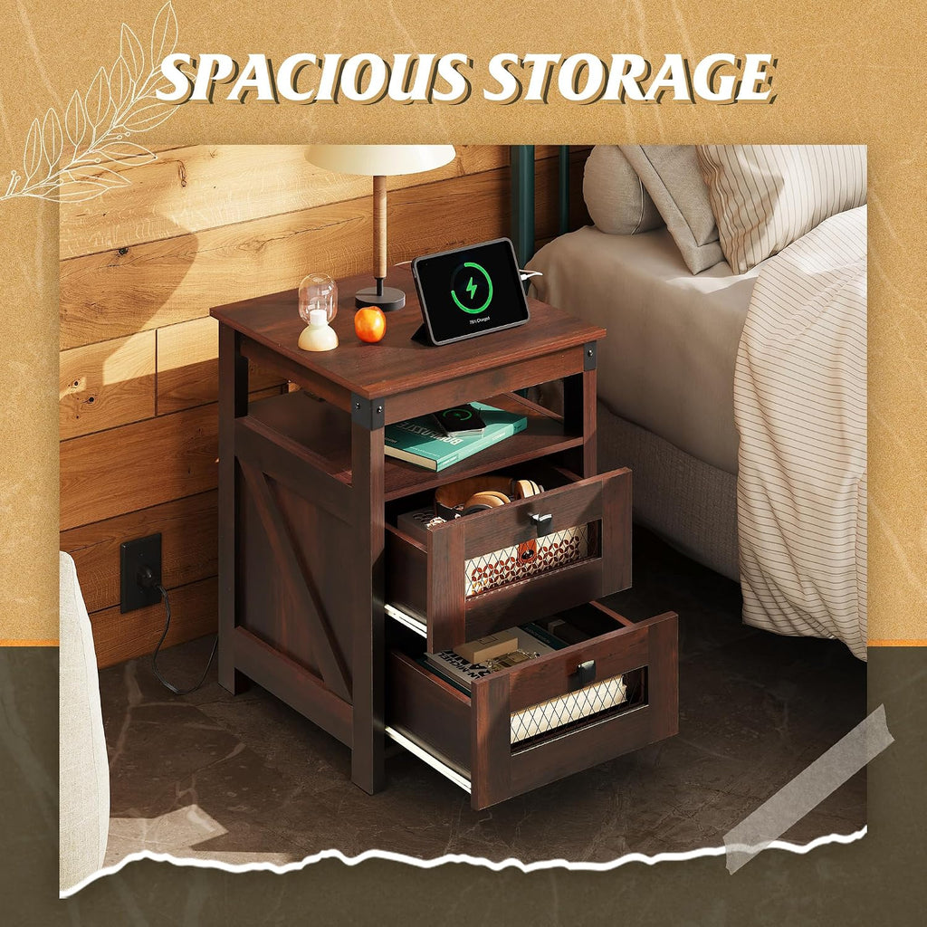 Nightstand with Charging Station, Farmhouse End Table, Bed Side Table with 2 Storage Drawers and Open Shelf, Wood
