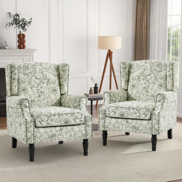 Floral High Back Accent Chairs Set of 2, Wingback Armchair in Fabric | Printed Upholstered Reading Seat with