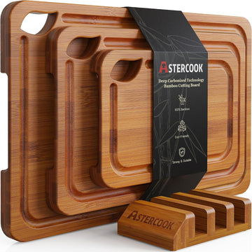 Deep-Carbonized Bamboo Cutting Boards with Wood Storage Stand, Reversible Charcuterie & Chopping Boards with Juice