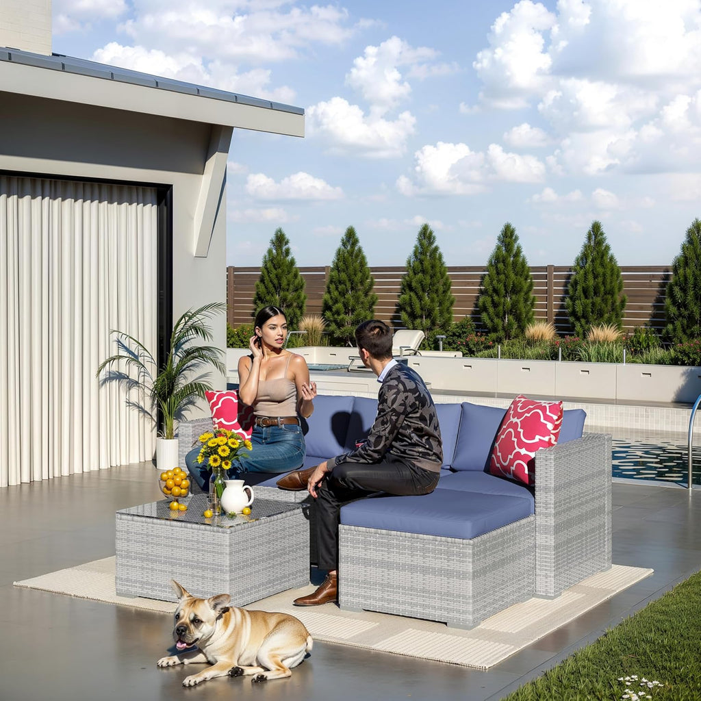 5 Piece Patio Furniture Set, Rattan Sectional Sofa with Glass Storage Table | Rust-Resistant Steel Frame,PE