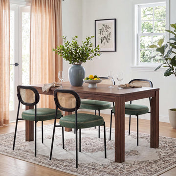 Rattan Dining Chairs Set of 4, Green Leather Upholstered Dining Chairs with Rattan Cane Back, Mid Century Modern