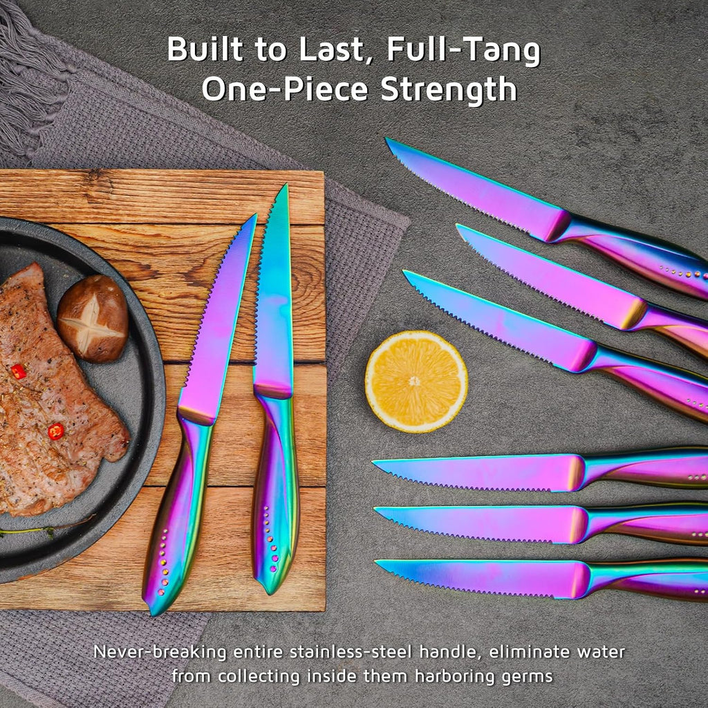 Steak Knives Set of 8 with Wood Block, 4.75 Inch Rainbow Serrated Steak Knife Set, Razor Sharp German Stainless Steel
