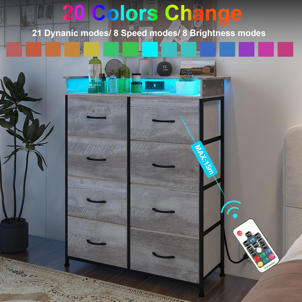 Dresser with Charing Station Grey Dresser with LED Lights Tall Dressers with 8 Drawers Storage Tower for Closet