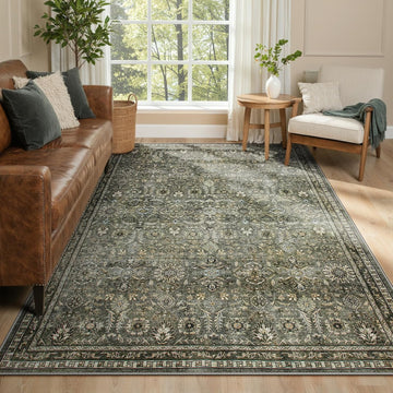 Sage Green Area Rug 6x9, Machine Washable Rugs, Boho Vintage Soft Bedroom Carpet Nursery Apartment Office, Dark Green