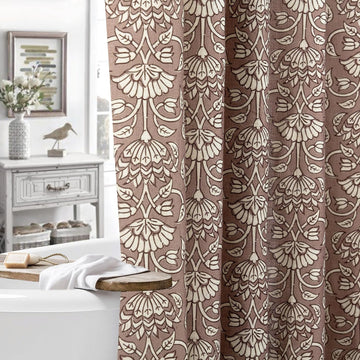 Camel Shower Curtain Vintage Floral Block Print - 72x72 Inches,Cotton Blend Cloth Fabric,Neutral Farmhouse Decorative