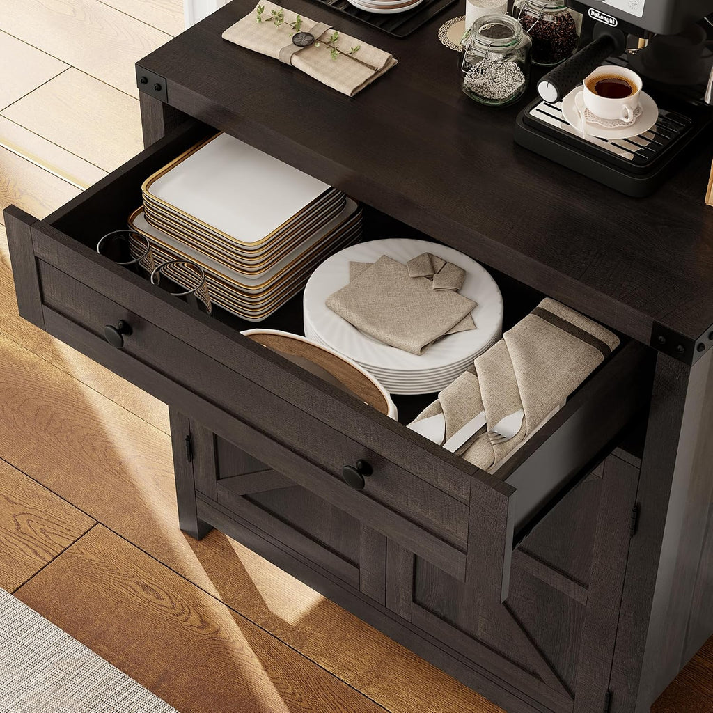 Kitchen Storage Cabinet, Farmhouse Coffee Bar Cabinet, Dark Brown | Small Buffet Cabinet with Doors & Wide Drawer