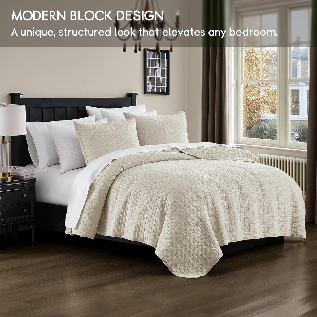 Beige 100% Cotton Quilt King Bedding Sets with 2 Pillow Shams, Textured Lightweight Soft Bedspread Shabby Chic