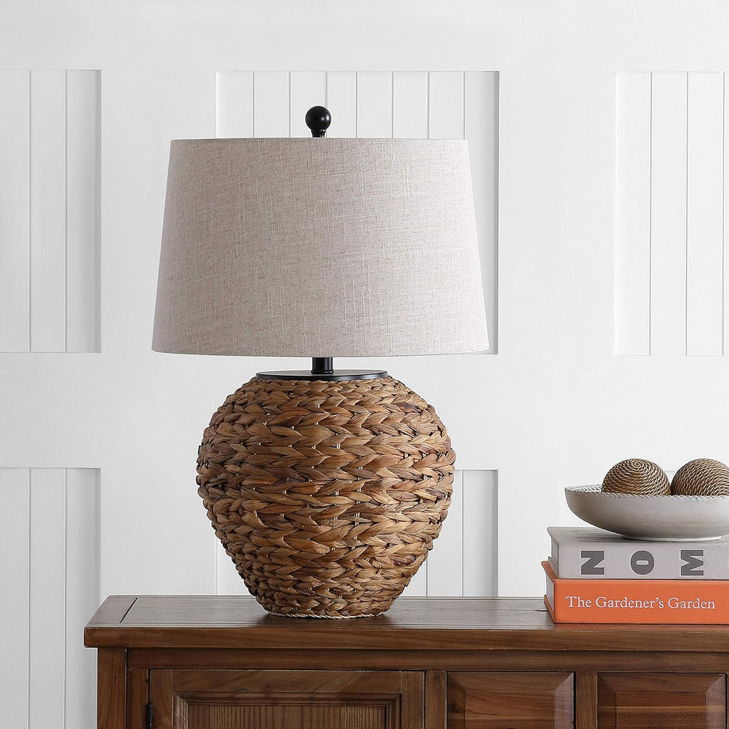 24.5" Natural Water Hyacinth Farmhouse Basket Table Lamp, Coastal Decor Bedroom Nightstand, Light Gray Linen Shade