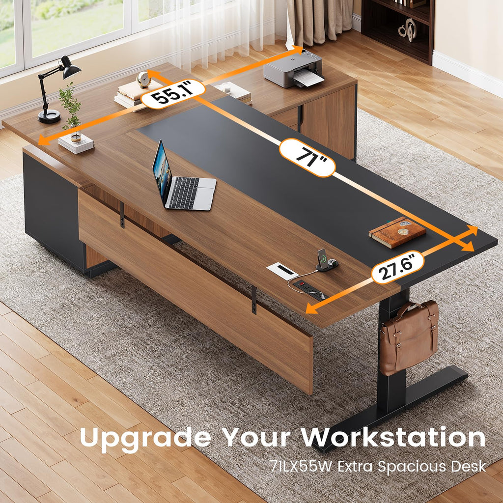 71" Executive L Shaped Electric Standing Desk, Brown