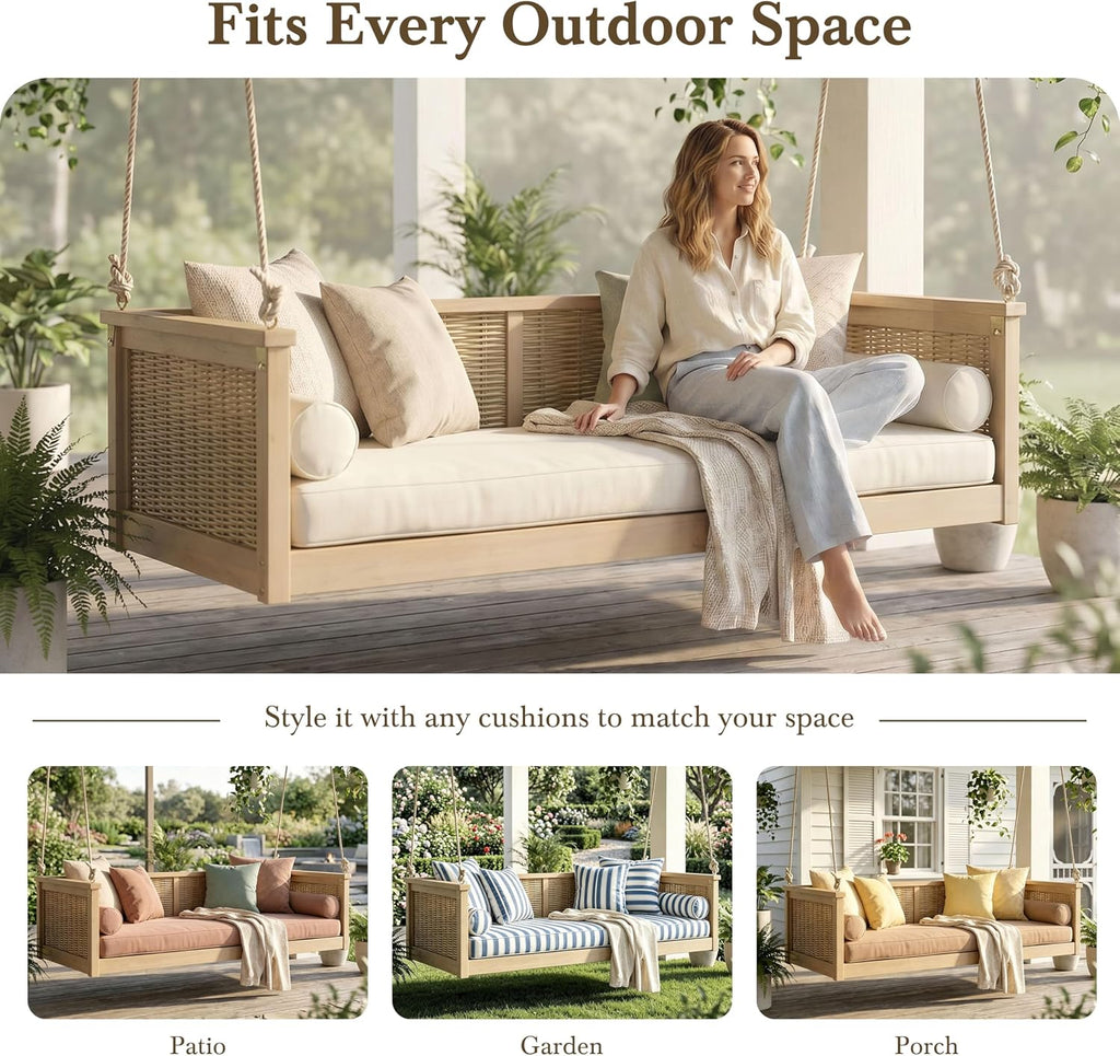 Twin Size Outdoor Porch Swing Bed, Solid Wood Rattan Swing Daybed Frame with Long Ropes , Poolside, Backyard, Light