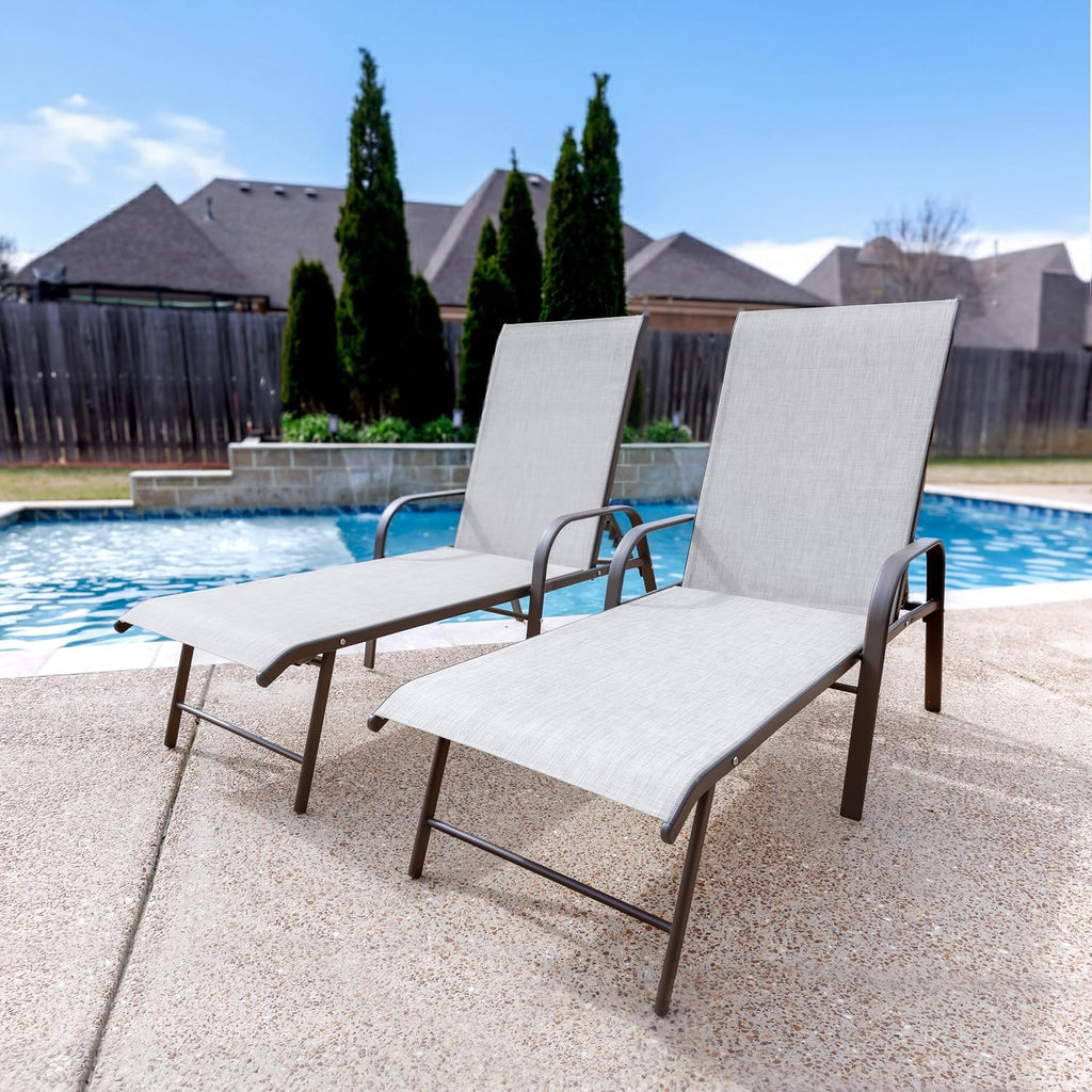 Chaise Lounge Chair Outdoor, Pool Chairs Set of 2 with Armrests (Beige) | 5-Position Adjustable Backrest, Sturdy