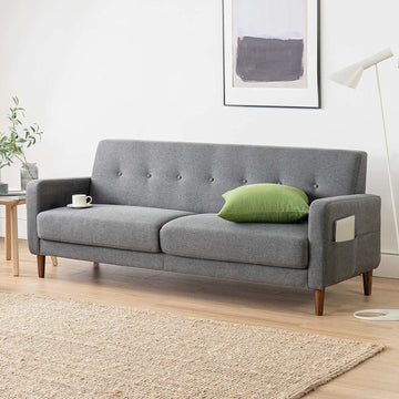 Adair Mid-Century Modern Sofa Couch with Armrest Pockets, Tufted Linen Fabric, Dark Heather Grey