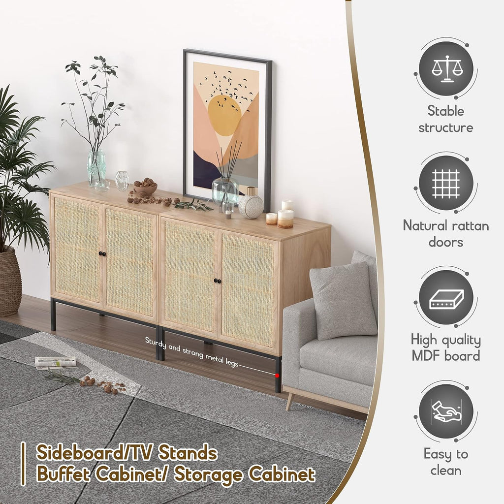 Rattan Sideboard Cabinet with 2 Doors, 31.5" Boho Buffet Credenza with Metal Legs, Natural Cane Accent Storage
