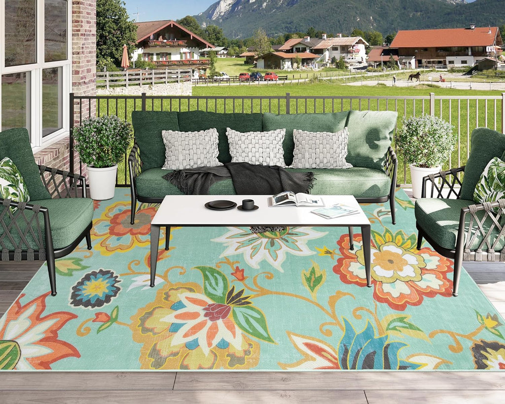 Floral Indoor Outdoor Rug 8x10, Non Slip Outdoor Patio Rug for Camping Picnic, Portable Large Outdoo