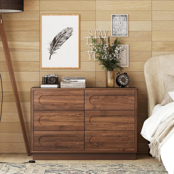 Modern 6 Drawer Dresser with Push-to-Open Drawers, Mid-Century Wide Bedside Table with Raised Base , Oval Groove